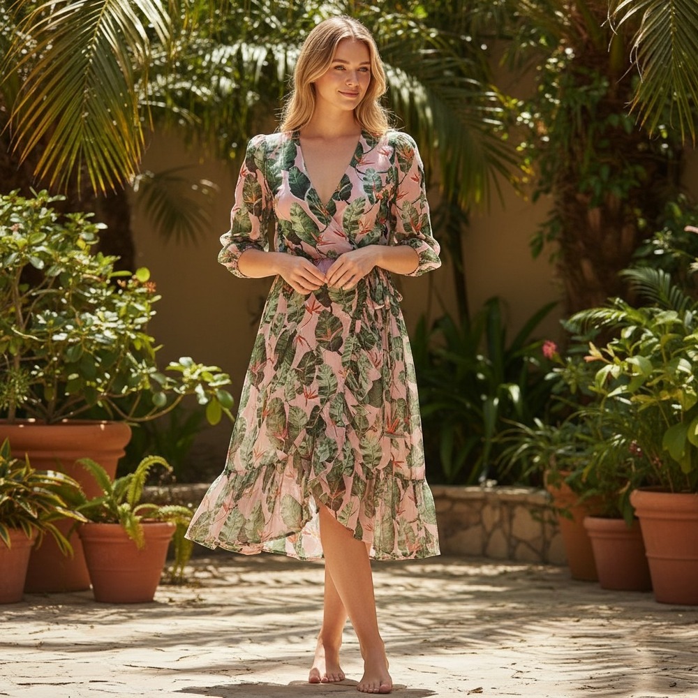 Eva Mendes New York & Company Tropical Floral Pink Wrap Dress Bird of Paradise M